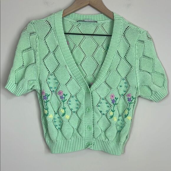 Zara Tops - Zara Knit Crop Top Floral Embroidered Beaded Cottagecore Preppy Size Med Large